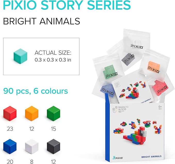 PIXIO Bright Animals - Magnetic Building Blocks for Kids Over 6 Years, Pixel Art, STEM Magnet Toys for Kids Ages 8-12, Portable Magnetic Blocks for Creativity - 162 pcs
