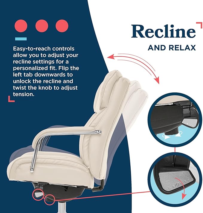 La-Z-Boy Sutherland Quilted Leather Executive Office Chair with Padded Arms, High Back Ergonomic Desk Chair with Lumbar Support, Ivory White Bonded Leather