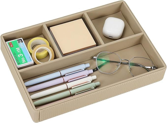 Buqoo PU Leather Valet Tray, Office Supplies Organizer, Stackable Desktop Organizer and Accessories Drawer Organizer for Storing Office Supplies, Jewelry, Cosmetics, Beige