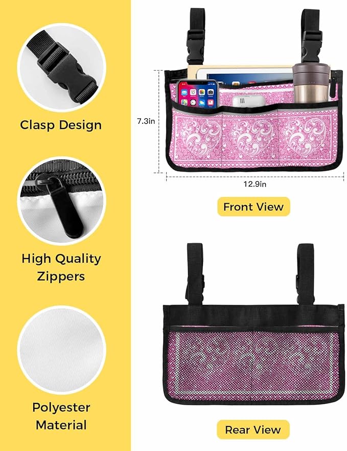 Wheelchair Side Storage Bag Valentine's Day Pink and White Abstract Love Heart Texture Armrest Pouch with Cup Holder and Reflective Strip Wheelchair Accessories Organizer Bags for Walkers Rollator
