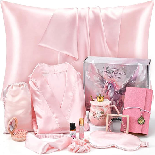 Golray Gifts for Teen Girls Kids -13 Pcs Teenage Girl Gifts Basket with Satin Pillowcase/Spa Robe/Journal/Mug, Christmas Birthday Gifts Set for Women Daughter Sister Tween Girls Toy Age 10 11 12-18