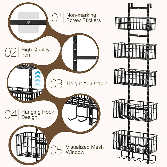 Hongtamoya Adjustable Over The Door Organizer, Metal Hanging Door Organizer with 5 Wire Basket 7 Hooks, Wall Mounted Shelf for Pantry Laundry Organization and Storage, Black