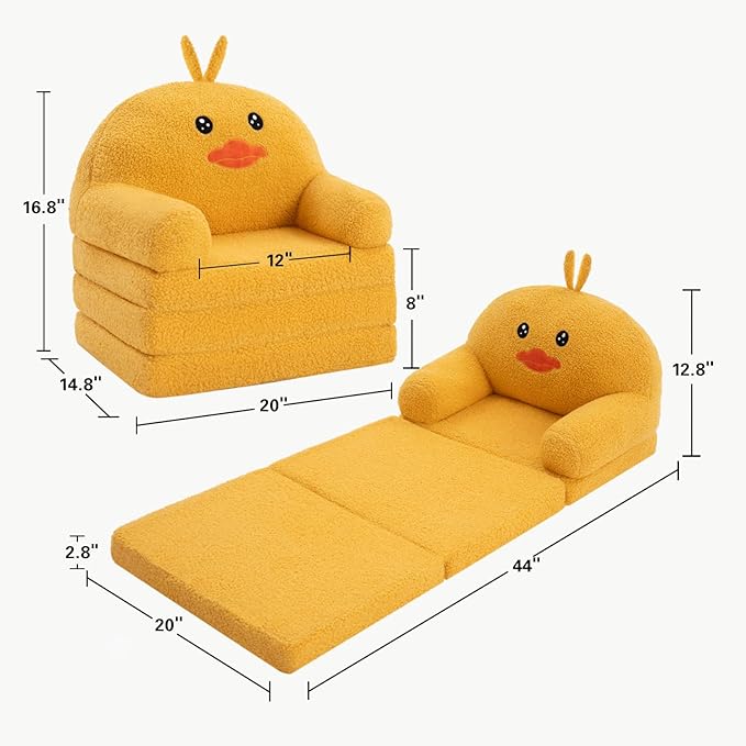 MOONBEEKI Comfy Toddler Chair, Kids Couch Fold Out to Lounger, Foldable Baby Sofa Plush for Girl and Boy Age 18 Months and Up （Duck）