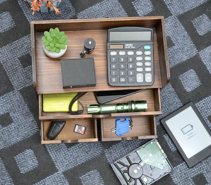 Vintage Rustic Brown Wooden 3 Drawer with Shelf Office Desk Organizer & Mail Rack For Desktop,Box for Office Home Toiletries Supplies Vanity, No Assembly Required (Brown)