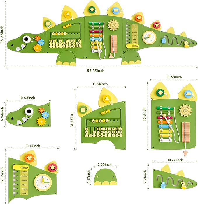 Beright Dinosaur Activity Wall Busy Board Panels, Montessori Sensory Toys, Toddler Learning Activity Center, Perfect for Toddler Playroom & Children's Daycare, Green