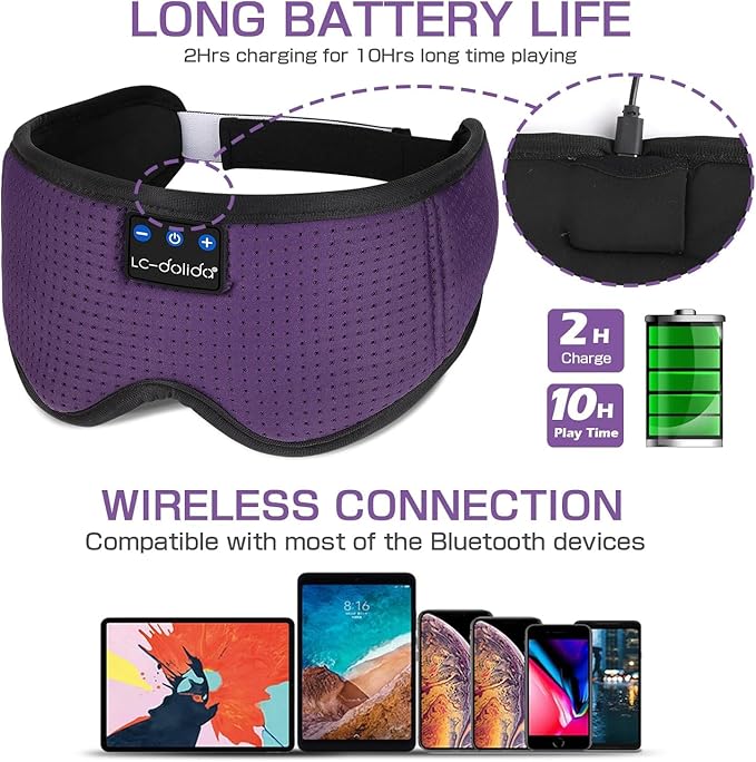 LC-dolida Bluetooth Sleep Mask,Wireless Bluetooth Sleep Mask,Sleep Headphones,Ideal for Travel,Night Work,Napping,Side Sleeping and Office Use for Both Men and Women，Earplugs Included