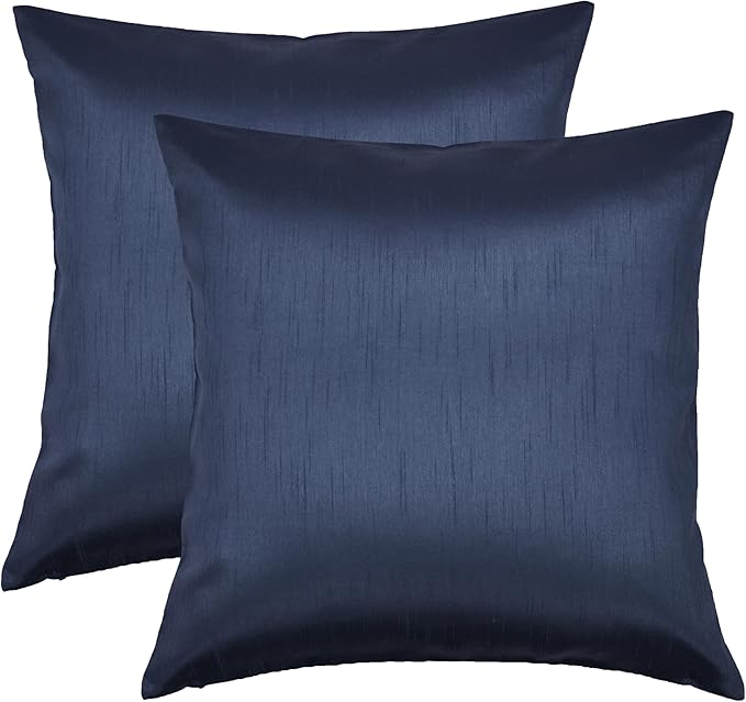 Aiking Home 18x18 Inches Faux Silk Square Throw Pillow Cover, Zipper Closure, Navy (Set of 2)
