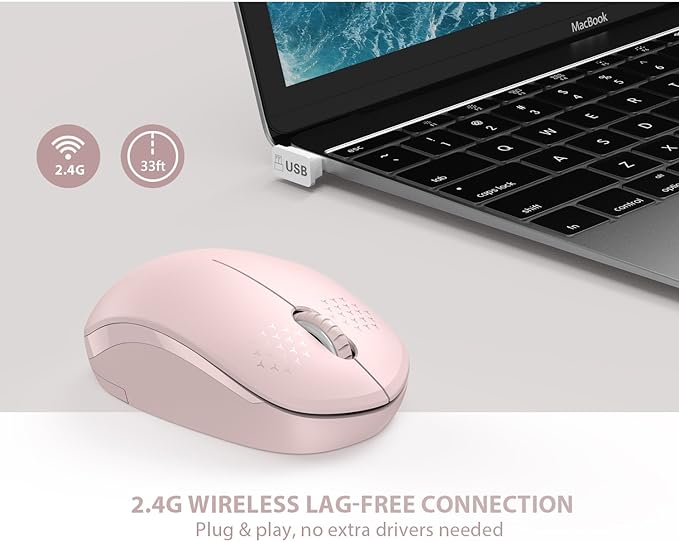 seenda Wireless Mouse, 2.4G Noiseless Mouse with USB Receiver Portable Computer Mice for PC, Tablet, Laptop, Notebook with Windows System - Pink