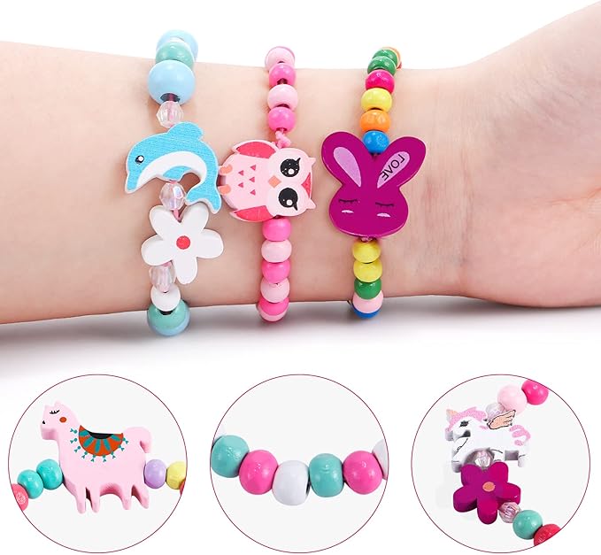 G.C 12 Pcs Girls Bracelets Jewelry for Kids Cute Unicorn Mermaid Animal Pendant Colorful Wooden Beaded Bracelets Princess Pretend Play Gifts for Toddlers