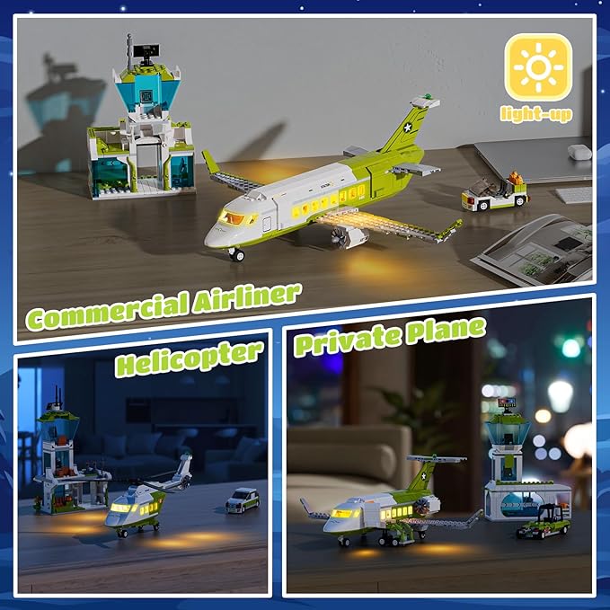 3 in 1 City Passenger Airplane Building Sets with LED Light, 684 PCS Toy Plane Building Blocks with Airport Terminal, Luggage Cart, Aircraft Tug Model Plane Toys for Kids 6-12+