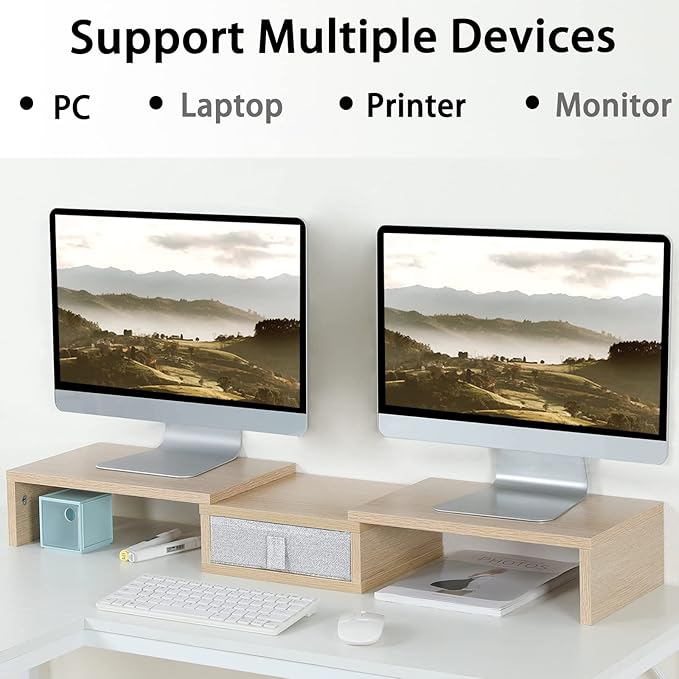 TEAMIX 3 Shelf Monitor Stand Riser with Drawer-Length and Angle Adjustable Dual Monitor Riser with Storage Corner Desk Shelf Organizer Large Computer Stand for 2 Monitors/Laptop (Maple, 1 Drawer)