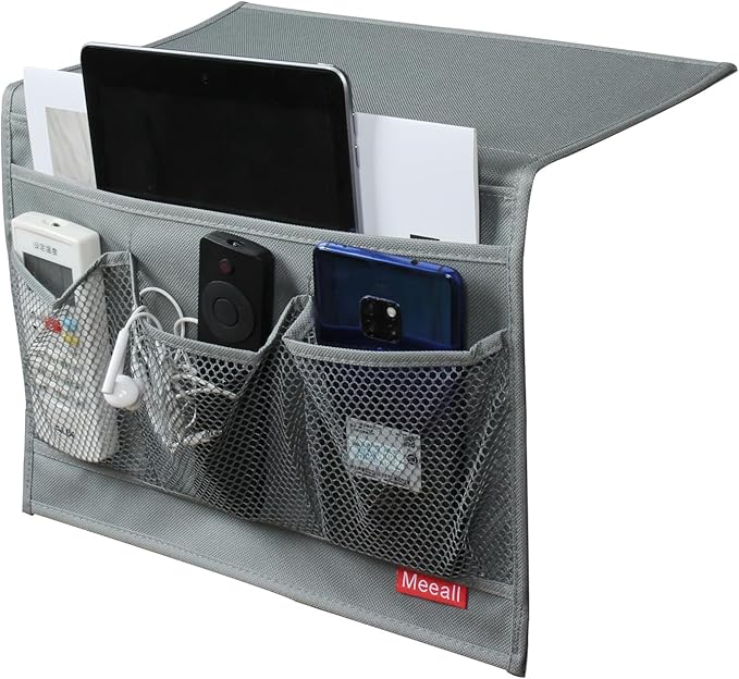 Bedside Storage Organizer with Pockets, Bedside Caddy, Table Cabinet Storage Organizer, TV Remote Control, Phones, Magazines, Tablets, Accessories, Grey