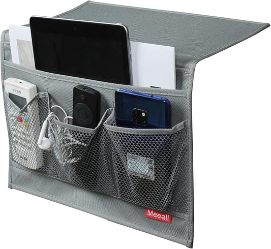 Bedside Storage Organizer with Pockets, Bedside Caddy, Table Cabinet Storage Organizer, TV Remote Control, Phones, Magazines, Tablets, Accessories, Grey