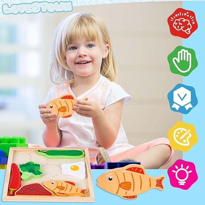 LovesTown 12PCS Wooden Food Stacking Puzzles, Chunky Jigsaw Puzzles, Montessori Toys Educational Preschool Activities Fine Motor Toys for Kids
