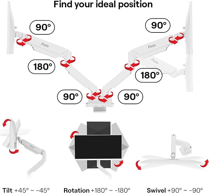 Pixio PS2D White Ultrawide Heavy-Duty Premium Dual Monitor Arm Stand Desk Mount - Fits up to 35 inches Two Monitors, Weights up to 33 lbs Each, Compatible with VESA 75x75mm 100x100mm
