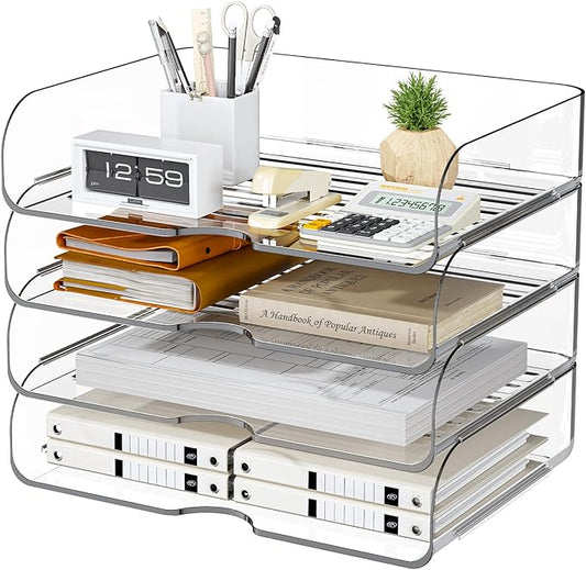 HIYOHIYO 4 Tier Clear A4 Paper Organizer, Acrylic Desktop Organizer for A4 File, Stackable Papers Tray for Office, Large Capacity Desk Letter Holder, Stackable Paper Storage Rack, Horizontal Style