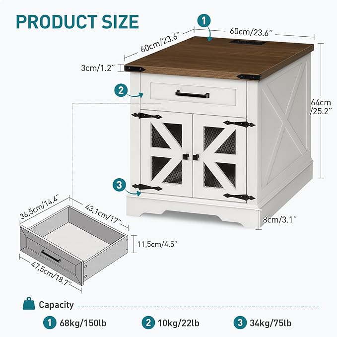 White Farmhouse End Table with Charging Station, 24" Large Sofa Side Table with Drawer, Large End Table for Living Room, Wooden Nightstand with Outlet, Square, White and Walnut