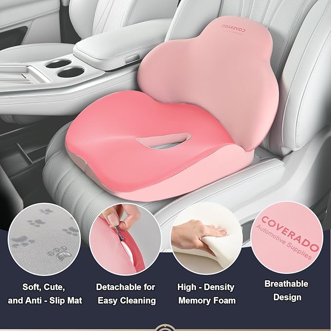Coverado Car Seat Cushion and Lumbar Support Pillow, Memory Foam Ergonomic Back Support Driving Seat Cushion for Sciatica, Tailbone, Back Pain, Non-Slip Washable Cushion for Car, Driver, Office