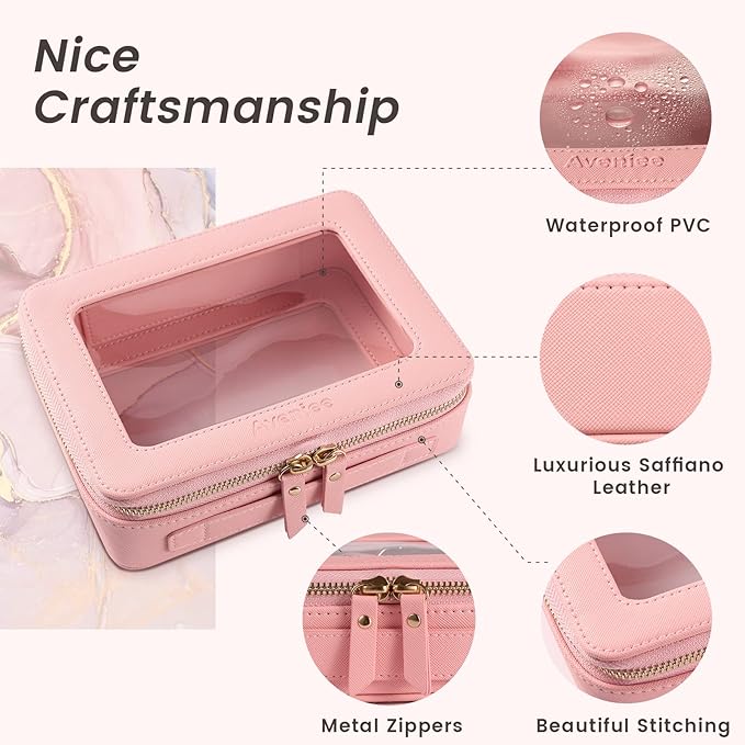 Aveniee Clear Makeup Bag Organizer, Travel Toiletry Bag for Women, Waterproof Cosmetic Pouch with Zippers,Car Accessories Organizers and Storage Case,Pink