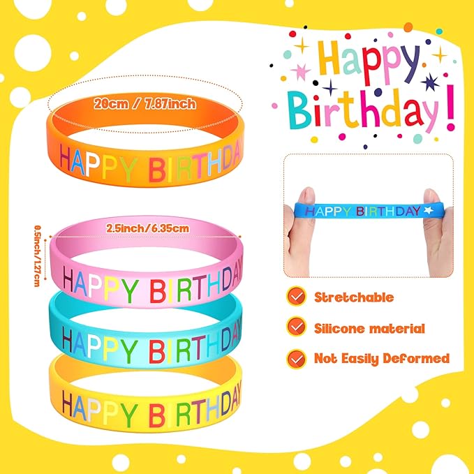 24 Pieces Happy Birthday Rubber Bracelets, Colored Silicone Stretch Wristbands Classroom Birthday Bracelets Party Favors Goodie Bag Stuffers for Teenagers Classroom Birthday Party Supplies