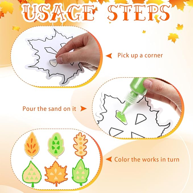 24 Pcs Fall Sand Art Craft Kits for Kids Autumn Maple Leaves DIY Craft with Colored Sand Brushes Make Your Own Sand Art for Fall Thanksgiving Home Party Activities Fun