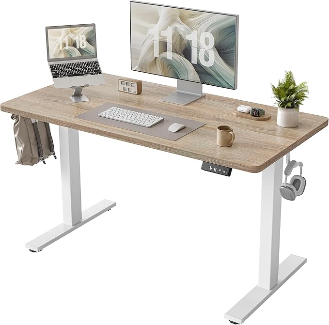 TIQLAB Electric Height Adjustable Standing Desk 47.2×23.6 inch, Sit Stand Desk with Splice Board, Memory Controller, White Frame & Maple Top Computer Workstation for Home Office