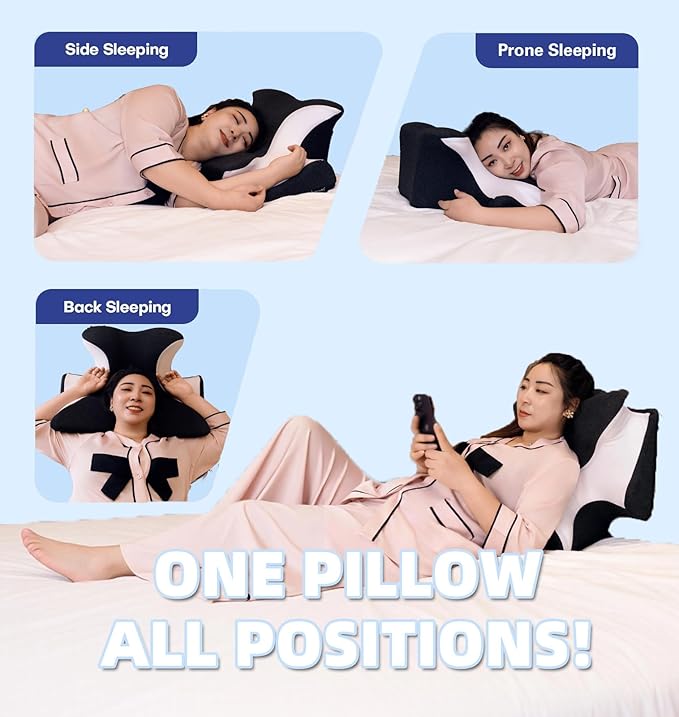 Ergonomic reading/cervical pillow suitable for lying flat, side, and prone positions; memory foam back support pillow to relieve shoulder, neck, chin, and arm pain; removable pillowcase (Black)