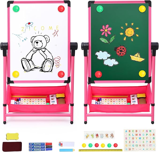 Kids Art Easel Double-Sided Easel Designed with Height Adjustable Function & Large Storage Bag Whiteboard & Chalkboard 360°Rotating Kids Drawing Easels for Kids Toddlers (26inch-43inch)