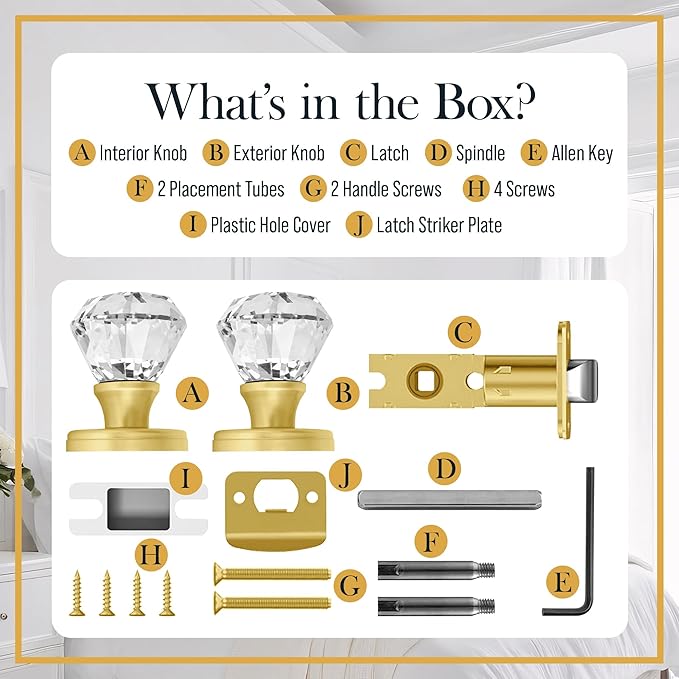 Crystal Door Knob with Lock, Glass Door Knobs Interior Privacy/Passage Set, Vintage Decorative Antique Style Handle for Bedroom, Bathroom, Closet (Gold, Passage Function - 1 Pack)