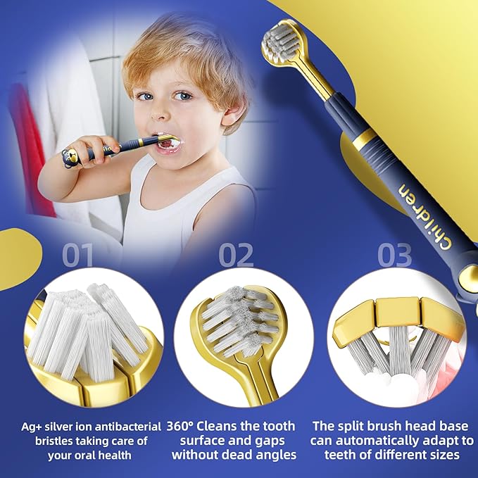 3 Sided Toothbrush for Kids, Japanese Design Triple-Angle Toothhugger, Cartoon Bear Design Sensory Toothbrush for Toddlers, Kids Toothbrush for Aged 3-12, Soft Bristles for Gentle Gum Care (3Pack)