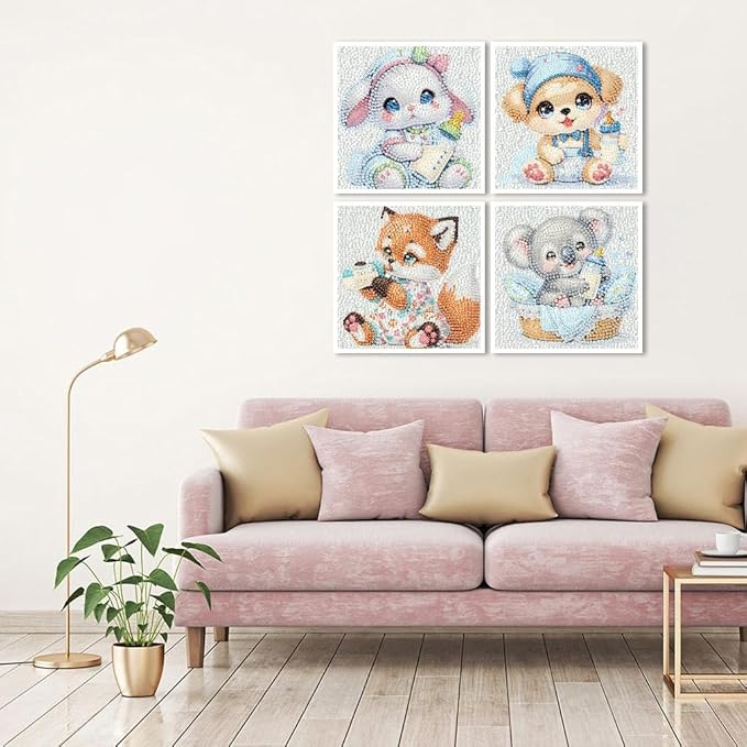 FQOVKYN 4 Pcs Baby Animals Diamond Art Kits for Kids, Cute Animals DIY Diamond Arts Mosaic Kits for Adults Beginner, Full Round Drill Diamond Art Painting for Home Wall Decor Kids Gift 6X6 inch