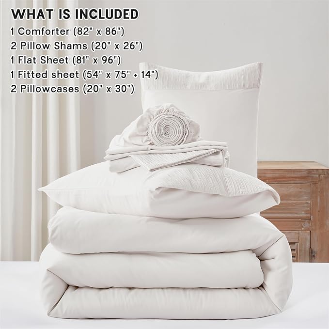 Anluoer White Full Comforter Set 7 Pieces, Bed in a Bag with Sheets, All Season Bedding Sets with 1 Comforter, 2 Pillow Shams, 2 Pillowcases, 1 Flat Sheet, 1 Fitted Sheet