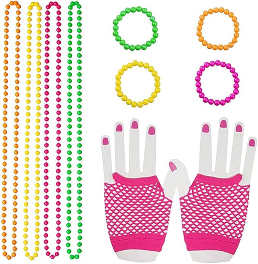 80s Women Costume Accessories Set Acrylic Neon Bead Necklace Bracelet Colorful Fingerless Short Fishnet Gloves for 80's Party