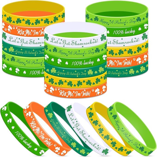 30 Pcs St. Patrick's Day Silicone Bracelets Bulk Party Favors - 6 Designs Irish-Themed Clover Wristbands, Lucky Shamrock Bands, Holiday Goodie Bag Fillers, Classroom Prizes, Wrist Decorations Supplies
