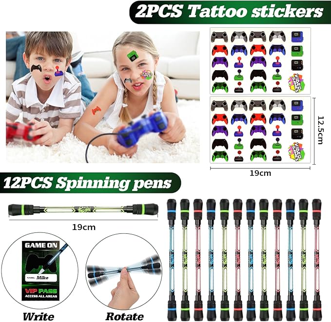 KISPATTI Video Game Party Favors, 124 PCS Gaming Birthday Party Supplies with Drawstring Bags VIP Pass Tickets Keychain Temporary Tattoo Stickers Game Theme Goodie Bag for Kids Gamer