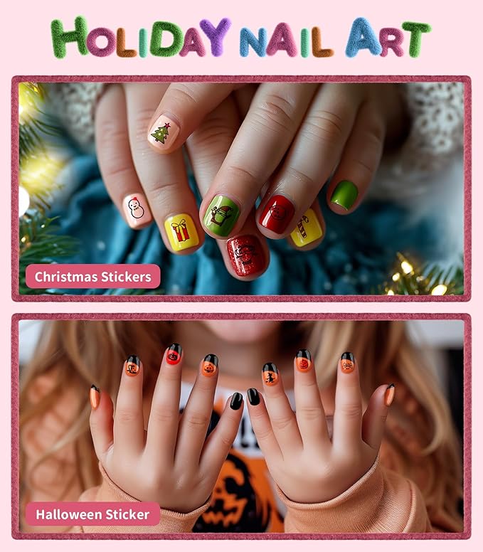 Geyiie Nail Polish Set Toys Nail Stickers, Nail Art Kits with Nail Dryer Glitter Pen for Girls, DIY Manicure Decoration Spooky Nail Decals Gifts