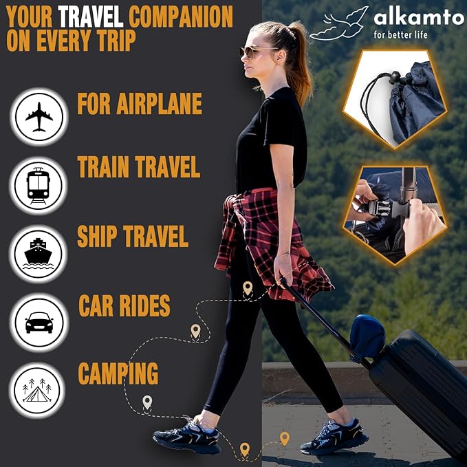 alkamto Travel & Camping Comfortable Memory Foam Pillow – Easy to Carry Portable Bag – Temperature Regulating Pillow Case (White + Extra Cover)