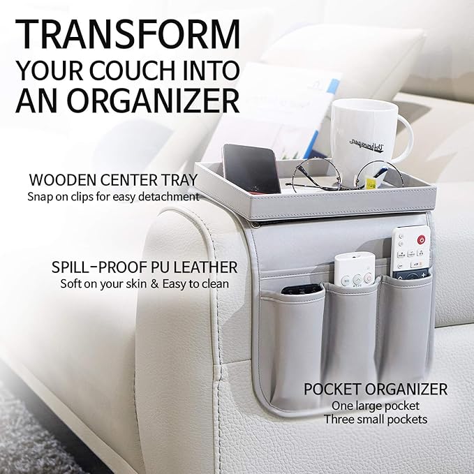 Couch Remote Caddy Control Holder Sofa Synthetic PU Leather Organizer with Detachable Tray for Recliner Chair Armrests with 4 Slots - 1 Large Pockets and 3 Small Pockets (Grey)