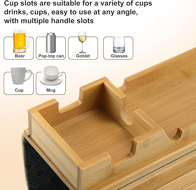 CNQLIS Bamboo Couch Cup Holder - Detachable Sofa Armrest Tray, Anti-Slip Foldable Sofa Table Tray for Drinks, Cellphone, Remote, Snacks, Versatile 2-in-1 Couch Arm Tray Set (Bamboo Colour)