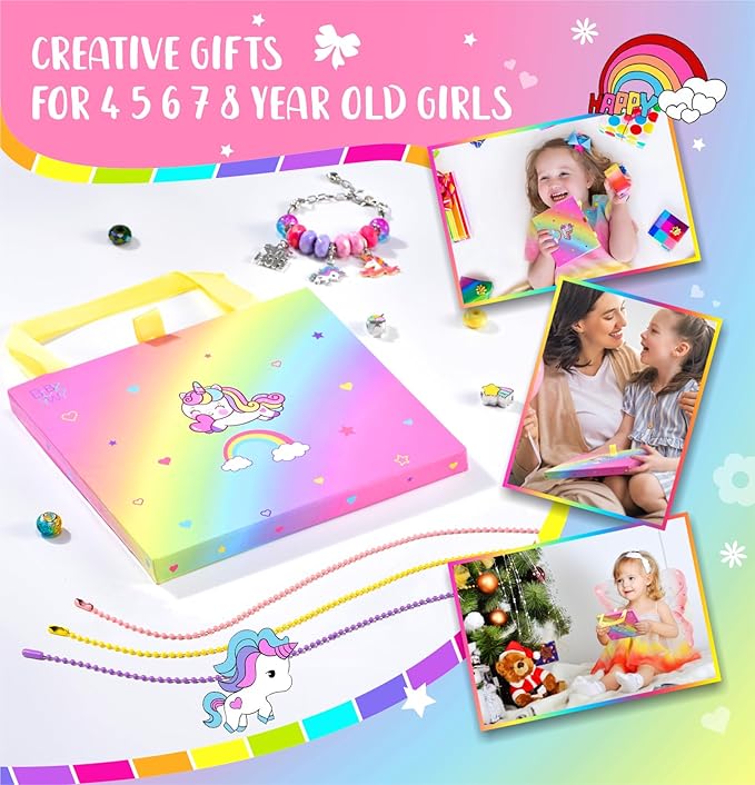 BDBKYWY Girls Charm Bracelet Making Kit - Kids Unicorn Jewelry Supplies Make Set DIY Art Craft Set Birthday Gifts for 3 4 5 6 7 8 Year Old Girl Toys Age 6-8