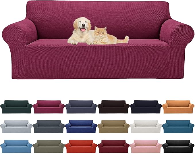 2025 New Stretch Oversized Sofa Slipcovers Couch Sofa Cover for 4 Seater Furniture Protector Covers with Elastic Bottom Jacquard Fabric Small Checks for Pets, Kids - Wine