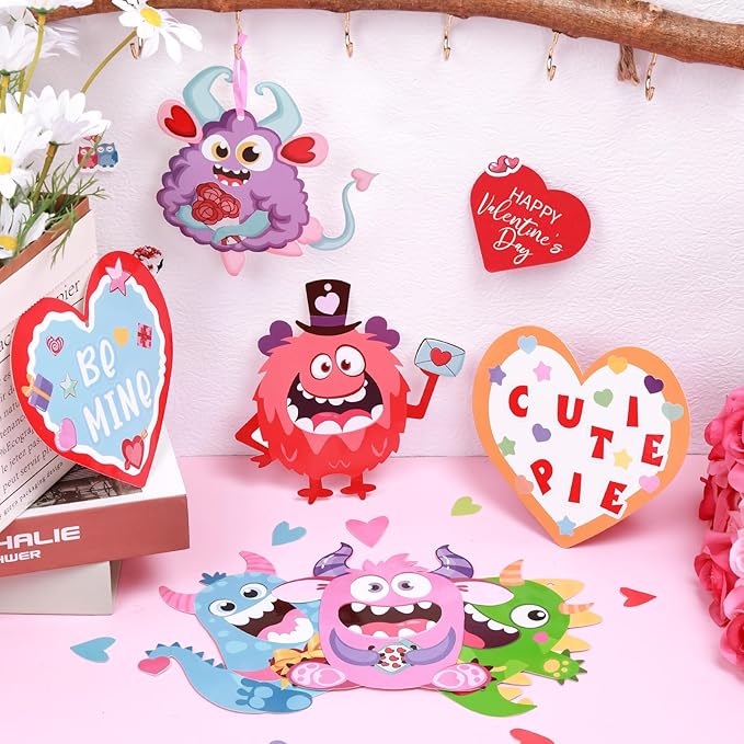 45 Pack 24 Sets Valentine's Day Craft Kits for Kids, DIY Craft Ornament Valentine Class Game Activities Paper Craft Hanging Ornament Valentine's Day Decoration Preschool Home Valentine's Monster Craft