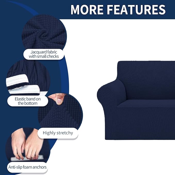 2025 New Stretch Chair Sofa Slipcovers Couch Cover for 1 Seater Furniture Protector Sofa Covers with Elastic Bottom Jacquard Fabric Small Checks for Pets, Kids - Navy