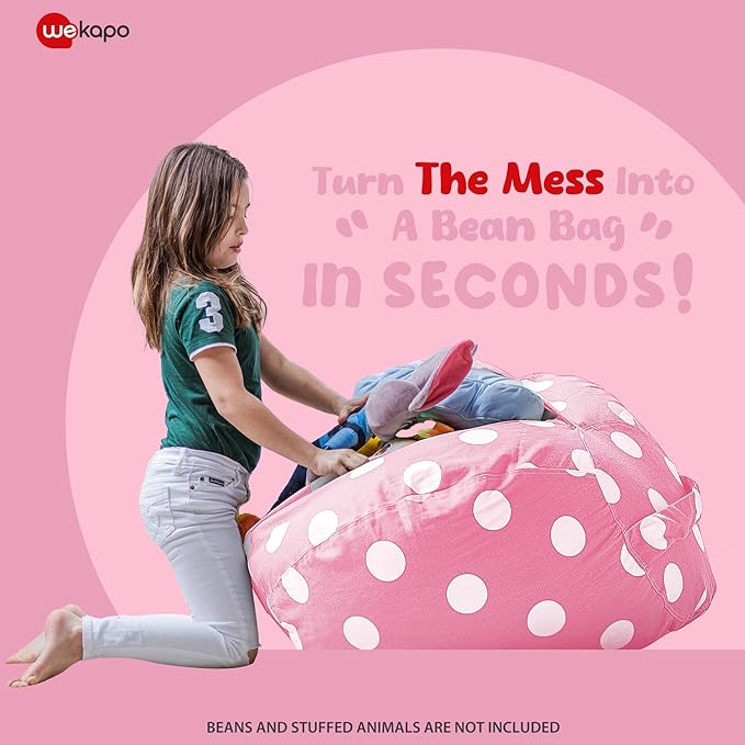 Wekapo Stuffed Animal Storage Bean Bag Chair Cover for Kids | Stuffable Zipper Beanbag for Organizing Children Plush Toys Large Premium Cotton Canvas (Pink Dot, XX-Large)