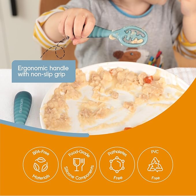 NumNum Baby Spoons Set, Pre-Spoon GOOtensils for Kids Aged 12+ Months - First Stage, Baby Led Weaning (BLW) Spoon - Self Feeding, Silicone Toddler Food Utensils - 1-Pack, 2 Spoons, Blue