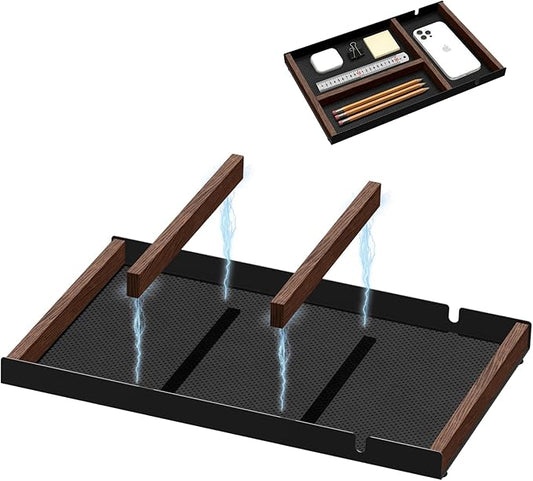 Laetass Desk Drawer Organizer Tray With Removable Magnetic Wooden Strip,Freely Adjustable Space,Made of Aluminum and Walnut,Valet Tray for Mens,Desk Accessories for Office/Home/Nightstand
