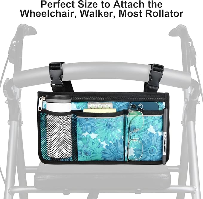 Wheelchair Side Bag, Upgrade Flower Color Wheelchair Armrest Storage Pouch with Cup Holder and Reflective Strip, Made with Waterproof Fabric, for Most Wheelchairs, Walkers and Rollators (Blue Floral)