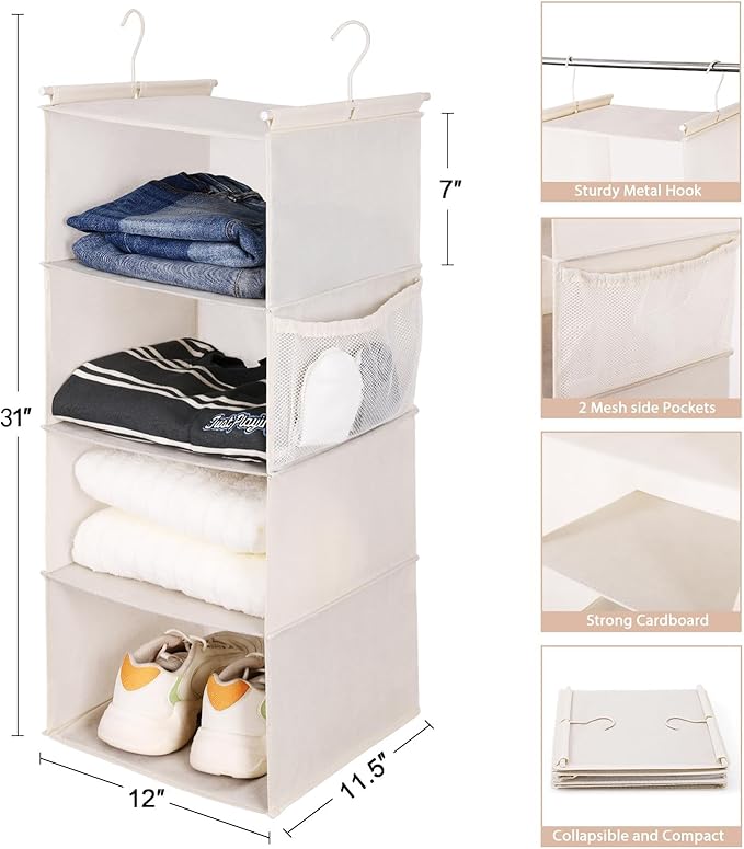MAX Houser 4 Tier Shelf Hanging Closet Organizer, Closet Hanging Shelf with 2 Sturdy Hooks for Storage,2 Pack, Foldable (Beige)