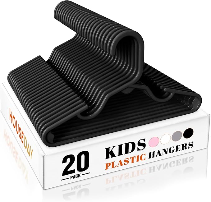 HOUSE DAY Premium Baby Hangers 20 Pack, 11 Inch Kids Plastic Hangers Black, Slim Childrens Hangers for Infant, Toddler, and Child Clothes, Durable Baby Clothes Hangers for Closet