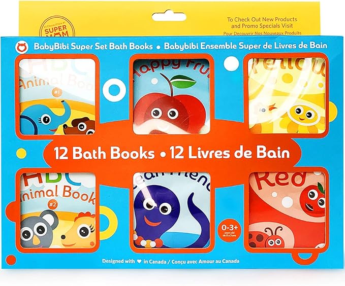 Super Bath Book Set of 12 (Fruits, Ocean Friends, ABC, Numbers Books; Color Recognition Bath Books Including Yellow, Green, Red and Blue Color Topics, ABC Animal Bath Books.